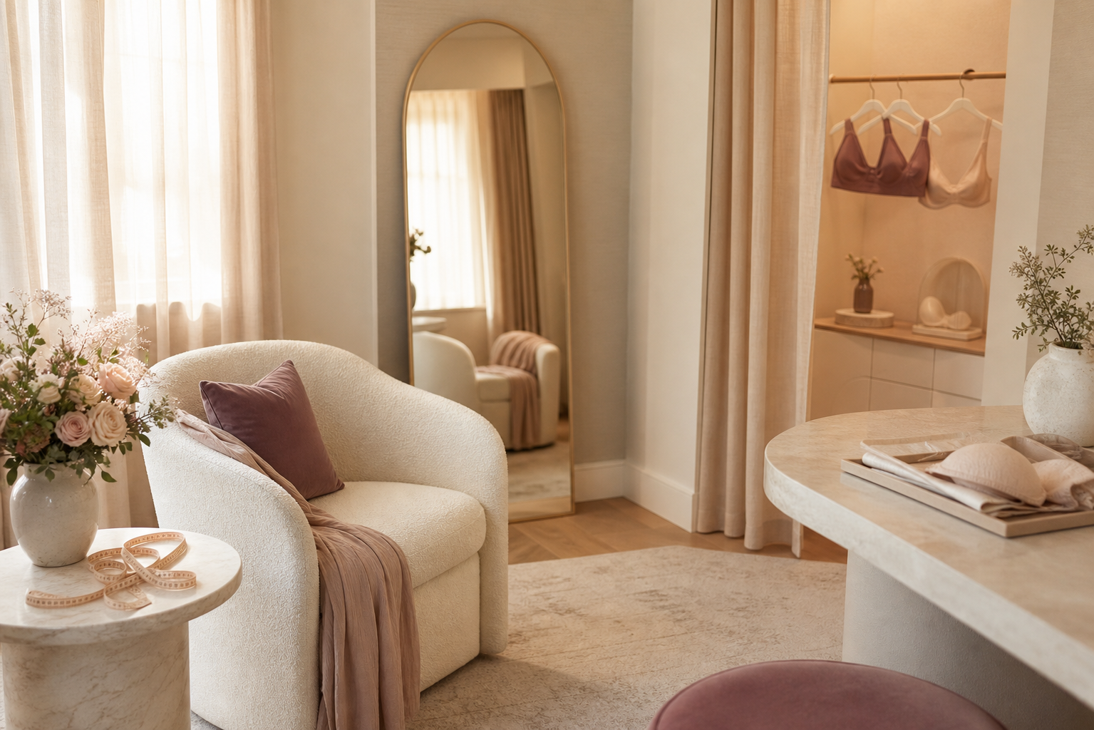 Private boutique fitting room with a chair, mirror, flowers and soft consultation details
